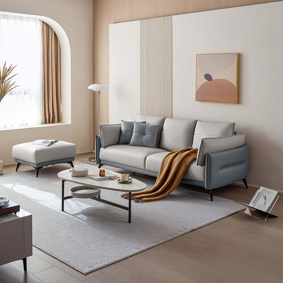 italian 3 seater minimalist style sofa with ottoman blue 1