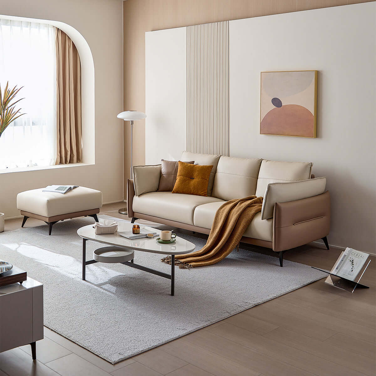 italian 3 seater minimalist style sofa with ottoman brown 1