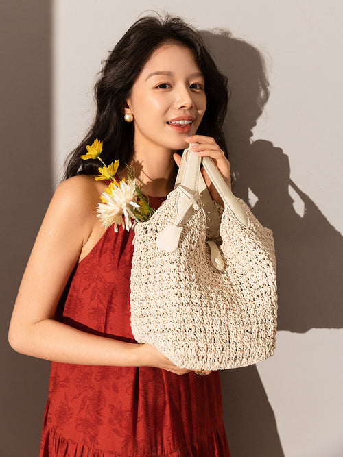 Italian Breeze Top Handle Bag – Artisan Crochet Woven Tote with Leather Trim & Drawstring Pouch