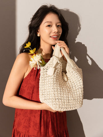 Italian Breeze Top Handle Bag – Artisan Crochet Woven Tote with Leather Trim & Drawstring Pouch