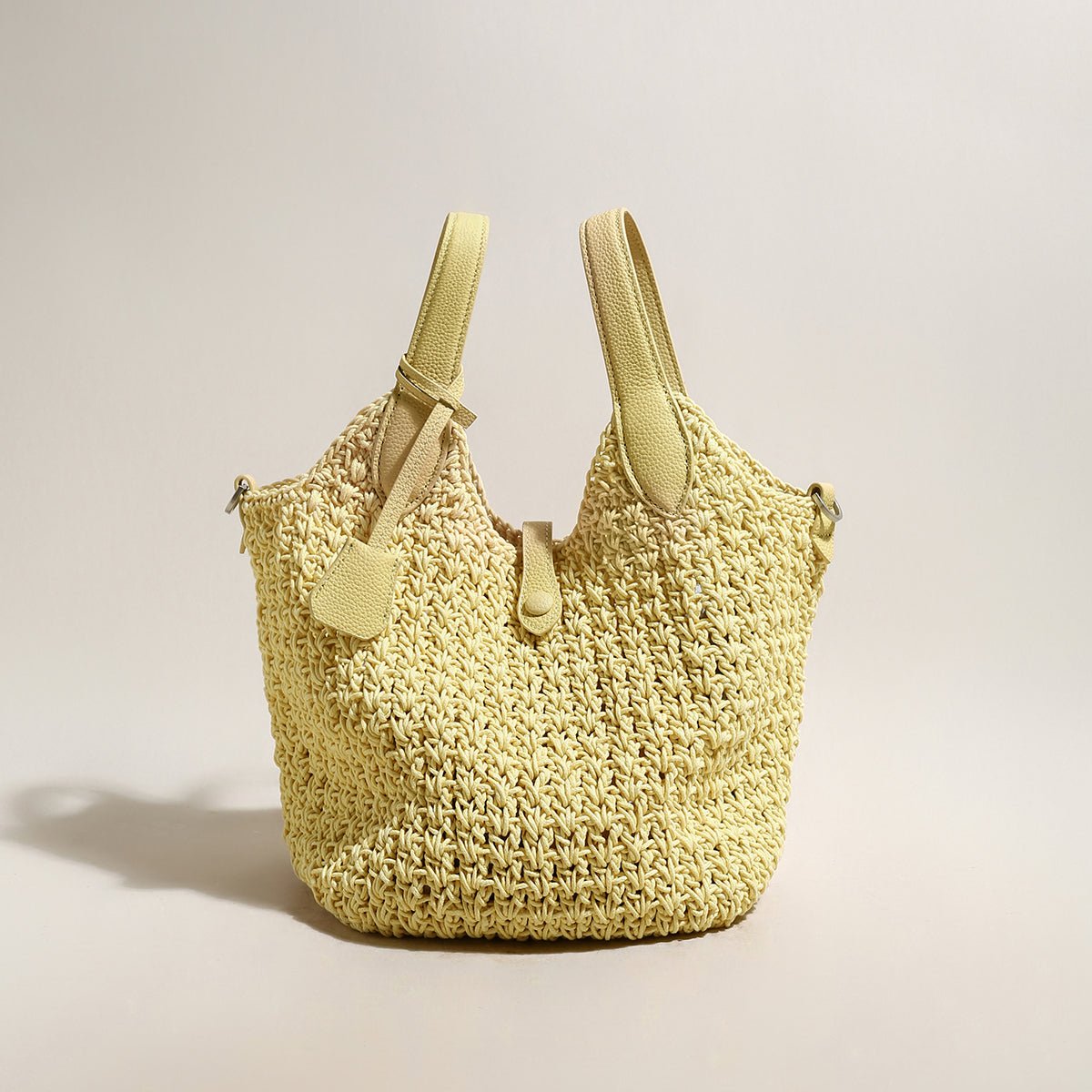 Italian Breeze Top Handle Bag – Artisan Crochet Woven Tote with Leather Trim & Drawstring Pouch