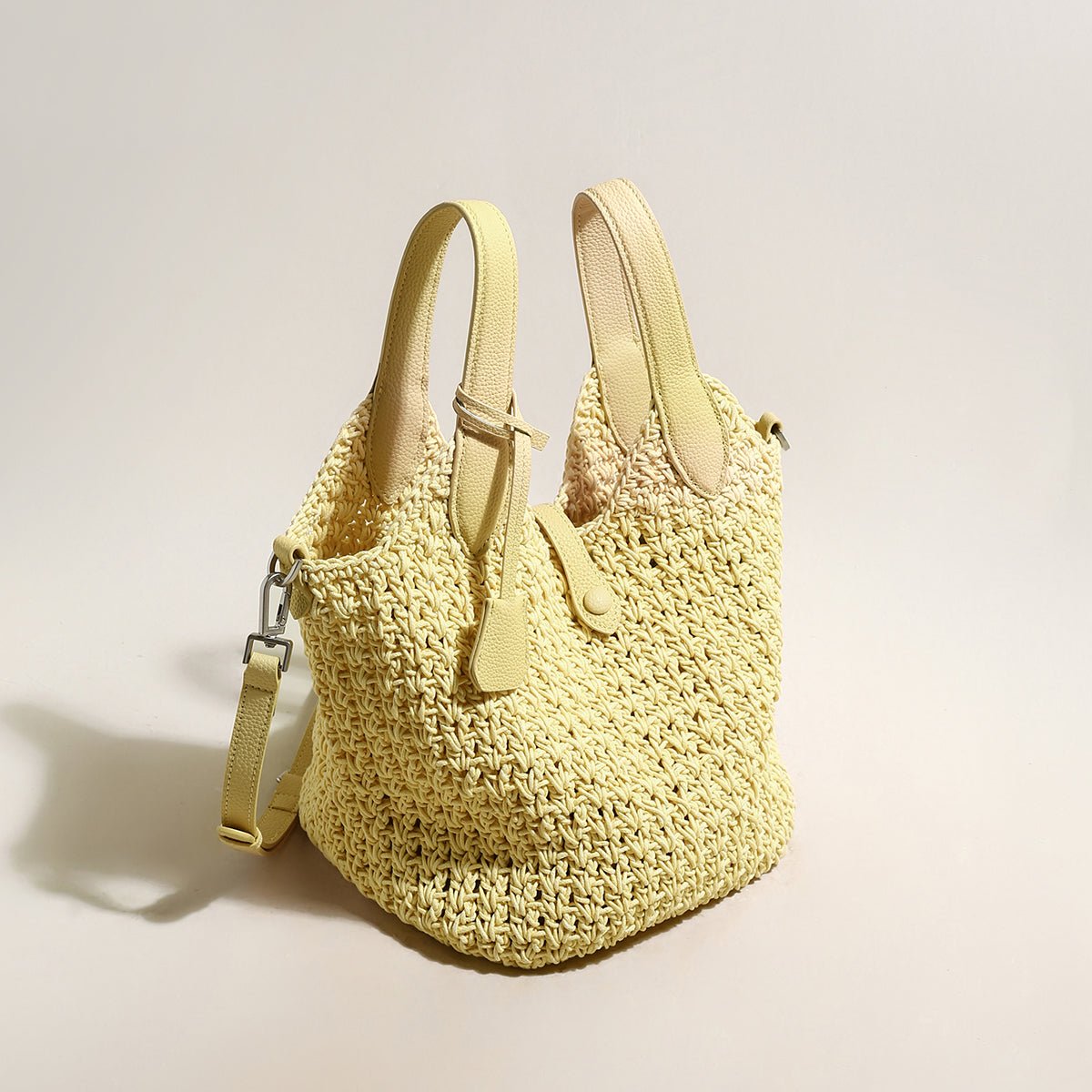 Italian Breeze Top Handle Bag – Artisan Crochet Woven Tote with Leather Trim & Drawstring Pouch