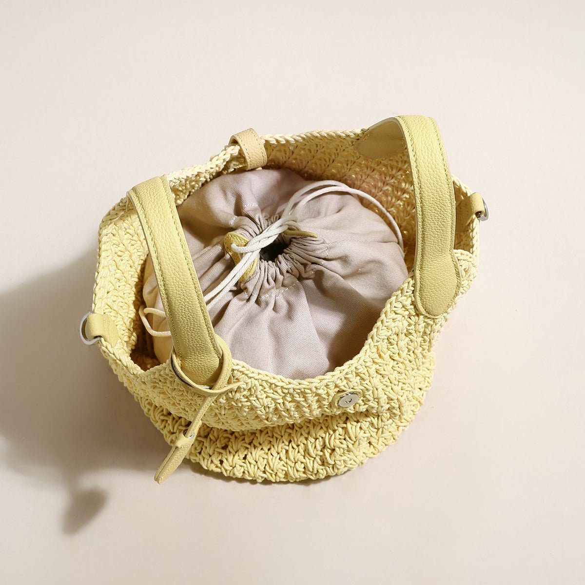 Italian Breeze Top Handle Bag – Artisan Crochet Woven Tote with Leather Trim & Drawstring Pouch