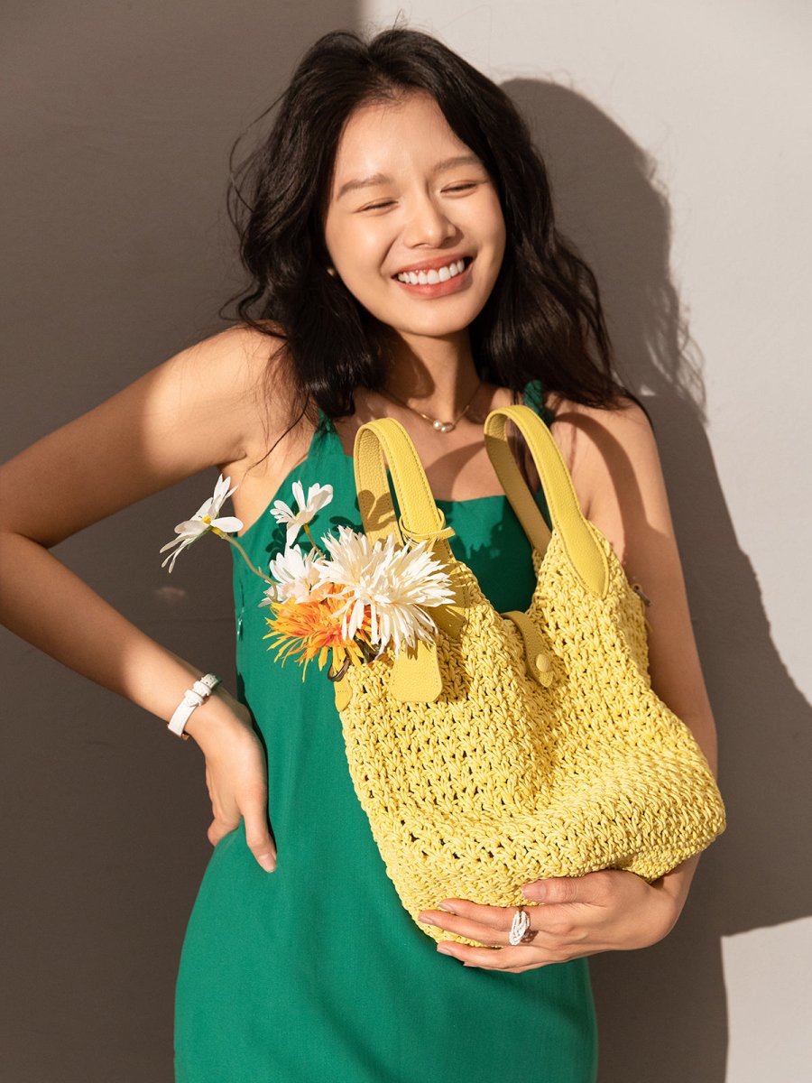 Italian Breeze Top Handle Bag – Artisan Crochet Woven Tote with Leather Trim & Drawstring Pouch
