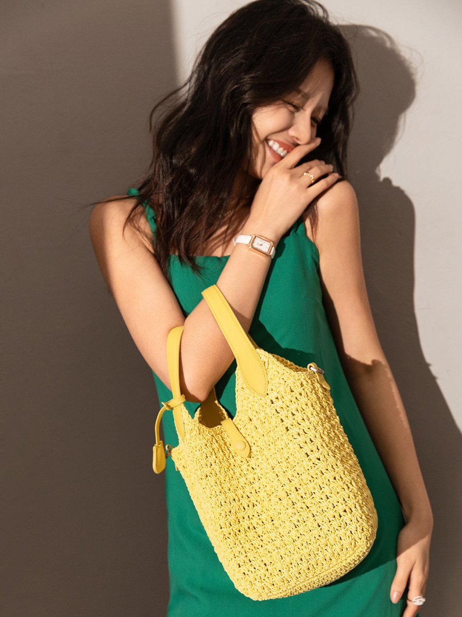 Italian Breeze Top Handle Bag – Artisan Crochet Woven Tote with Leather Trim & Drawstring Pouch