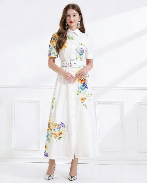 Ivory Bloom Belted Floral Button Front Maxi Dress