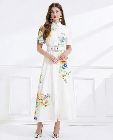 Ivory Bloom Belted Floral Button Front Maxi Dress