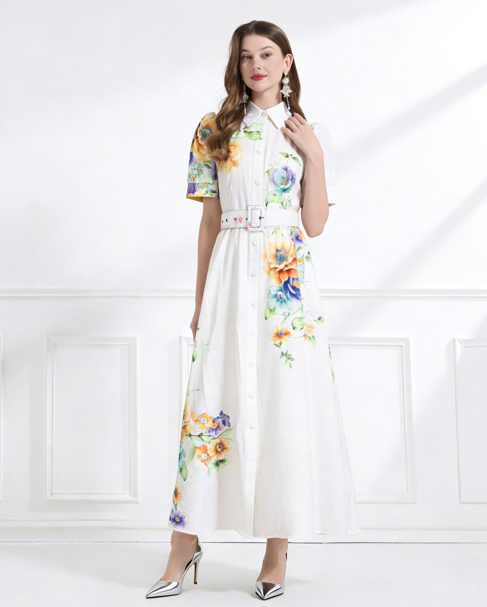 Ivory Bloom Belted Floral Button Front Maxi Dress