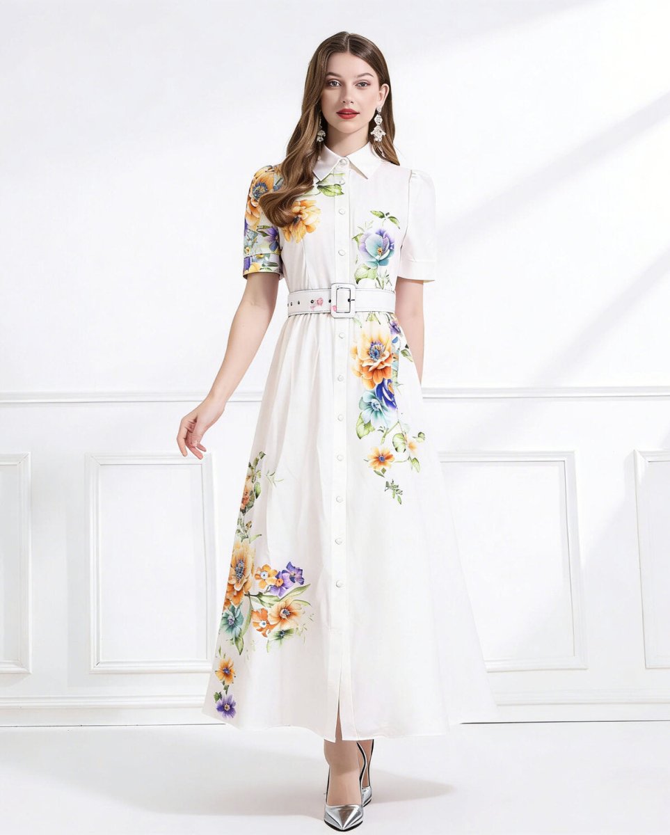 Ivory Bloom Belted Floral Button Front Maxi Dress