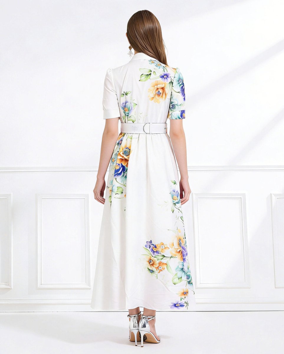 Ivory Bloom Belted Floral Button Front Maxi Dress