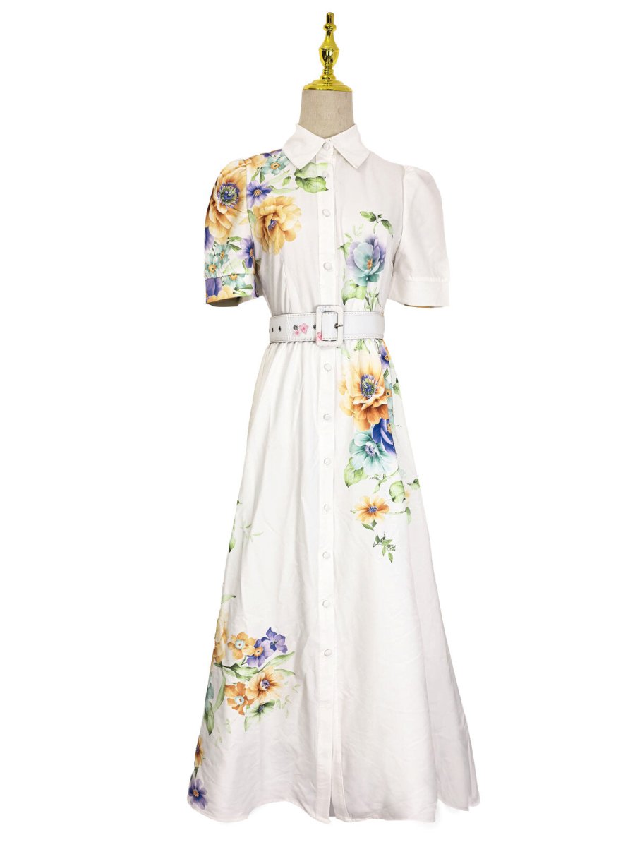 Ivory Bloom Belted Floral Button Front Maxi Dress