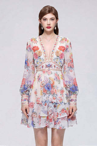 Ivory Multicolour Floral Bouquet Mini Dress
