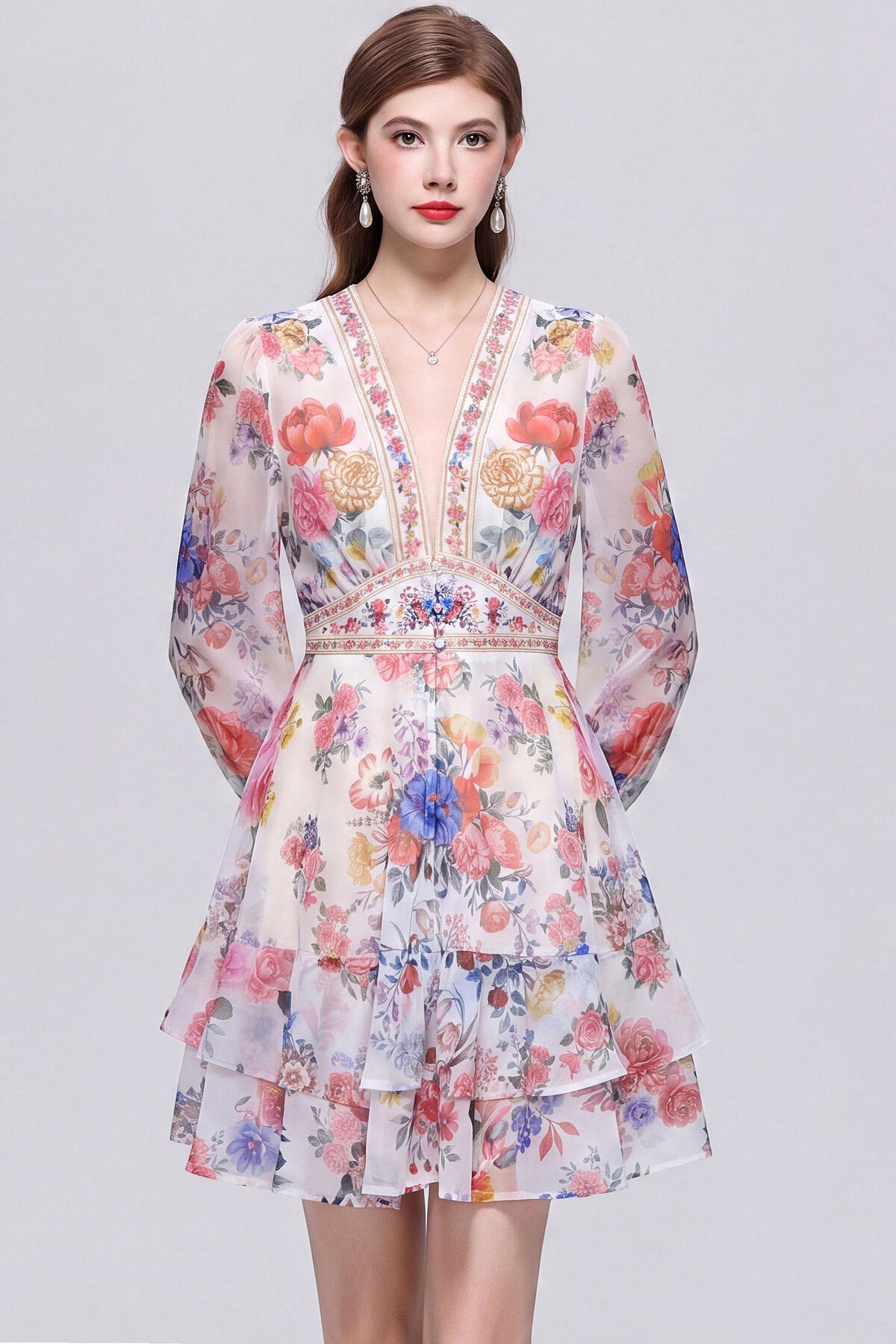 Ivory Multicolour Floral Bouquet Mini Dress