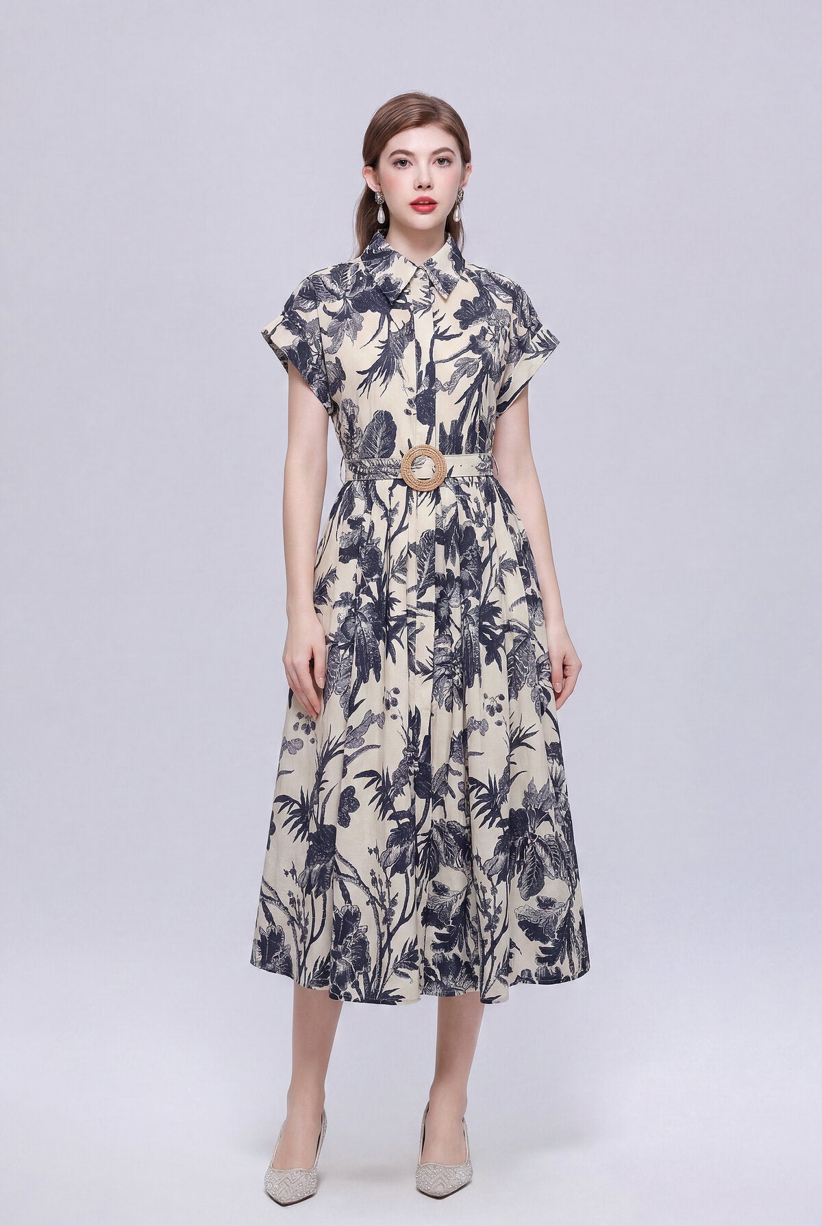 Ivory & Navy Tropical Toile Belted Shirt Midi Dress