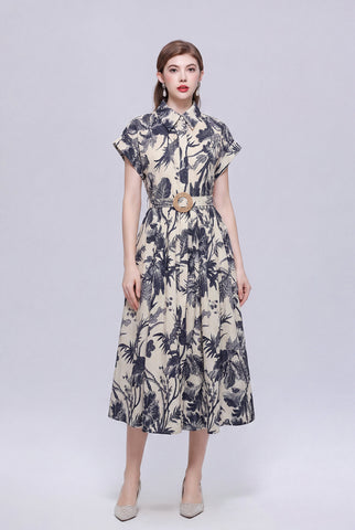 Ivory & Navy Tropical Toile Belted Shirt Midi Dress