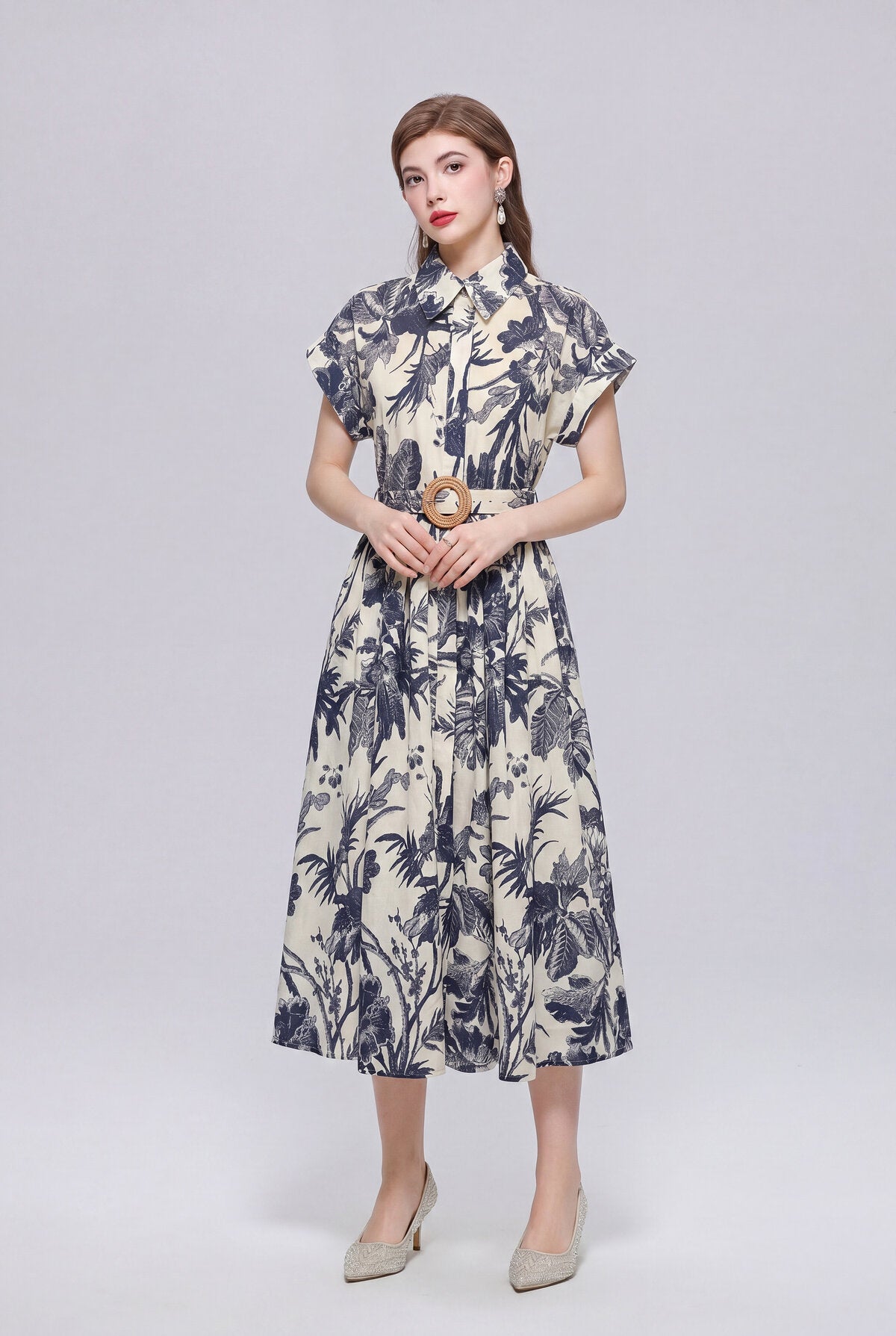 Ivory & Navy Tropical Toile Belted Shirt Midi Dress