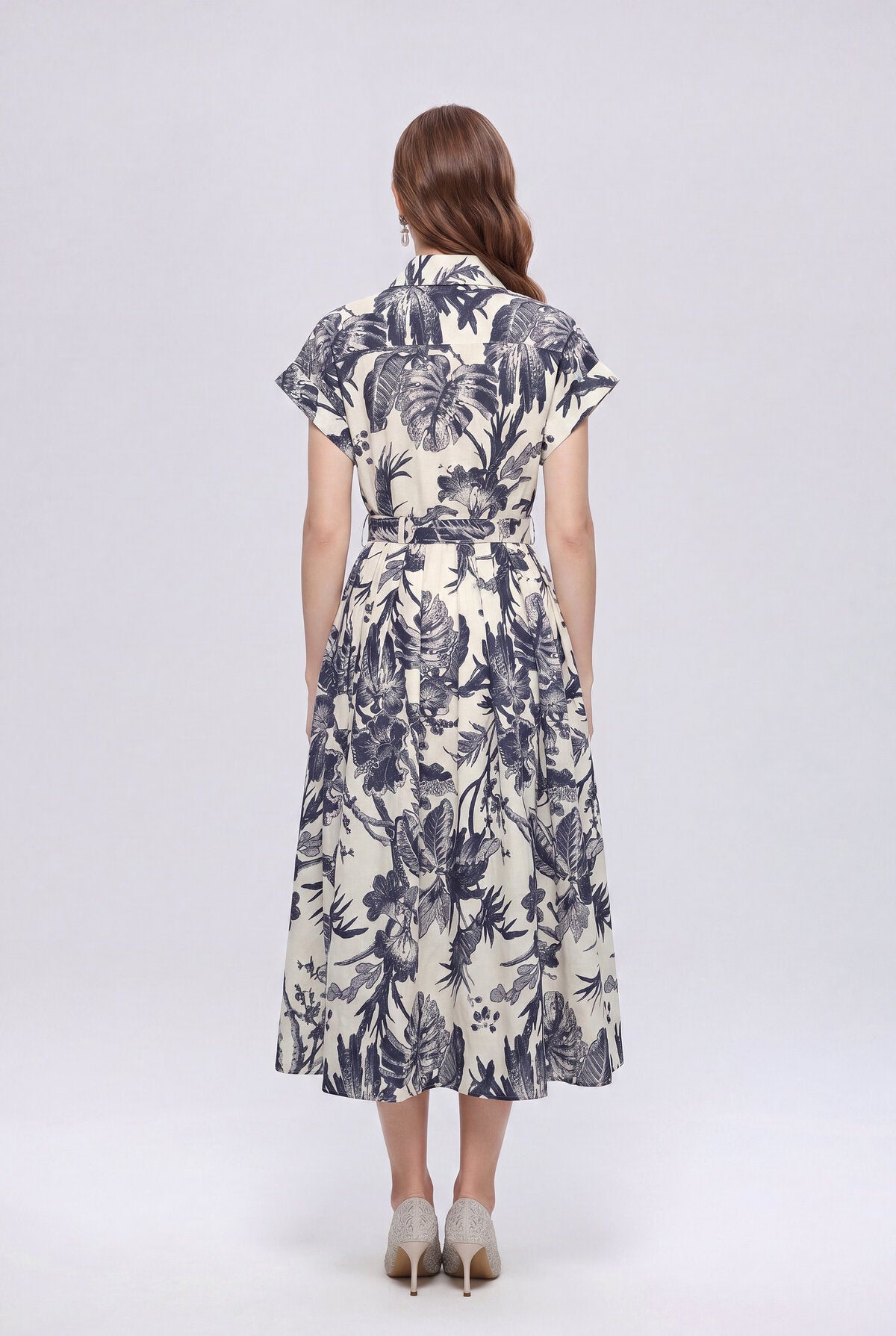 Ivory & Navy Tropical Toile Belted Shirt Midi Dress