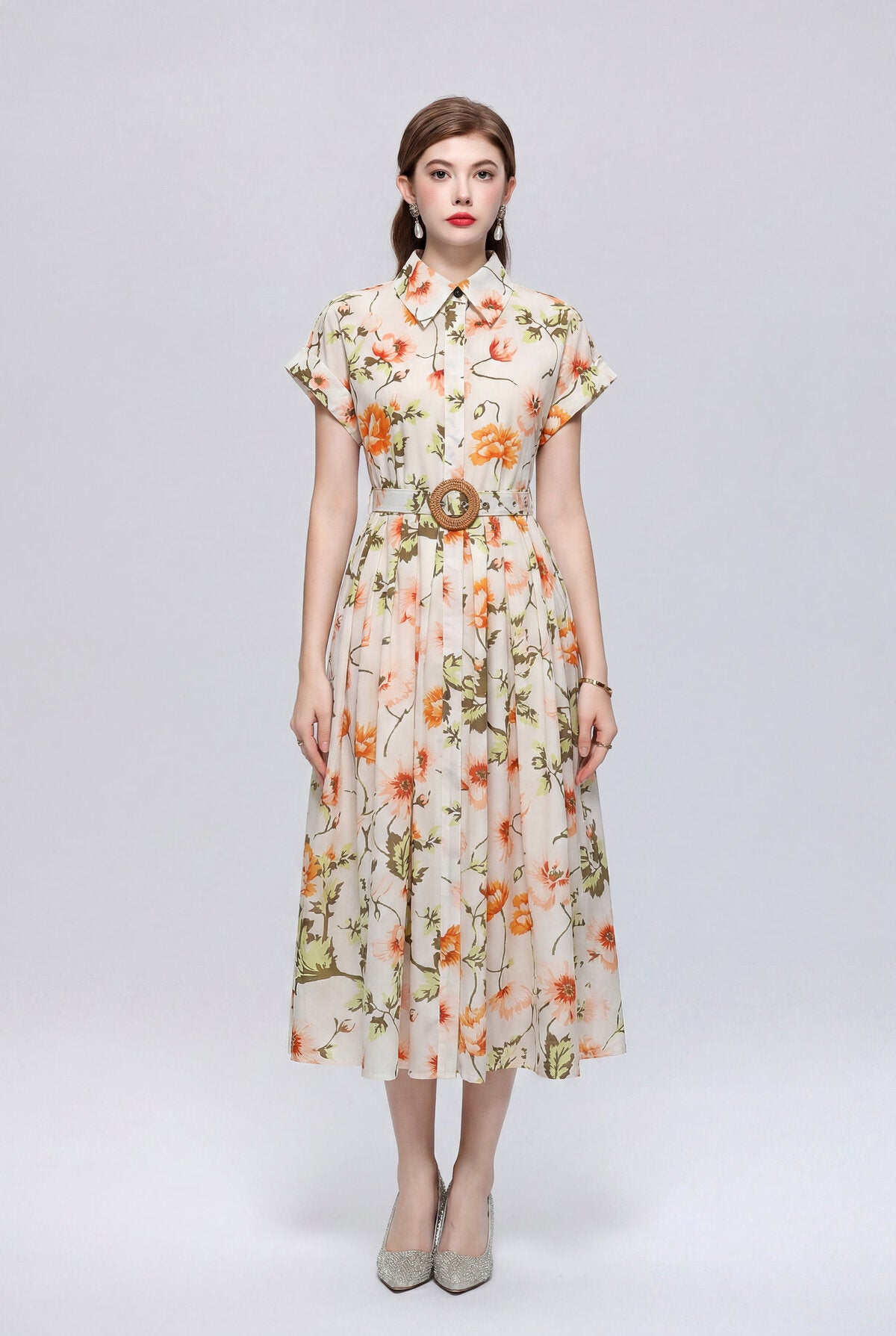Ivory Poppy Botanical Belted Shirt Midi Dress
