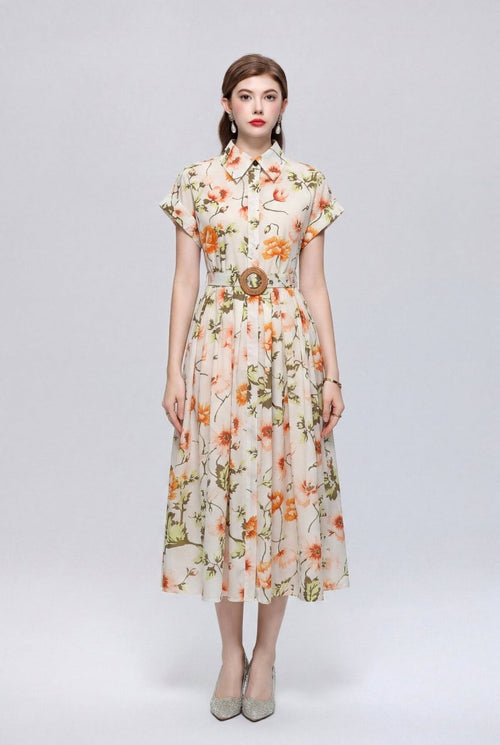 Ivory Poppy Botanical Belted Shirt Midi Dress