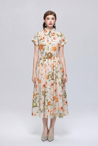 Ivory Poppy Botanical Belted Shirt Midi Dress