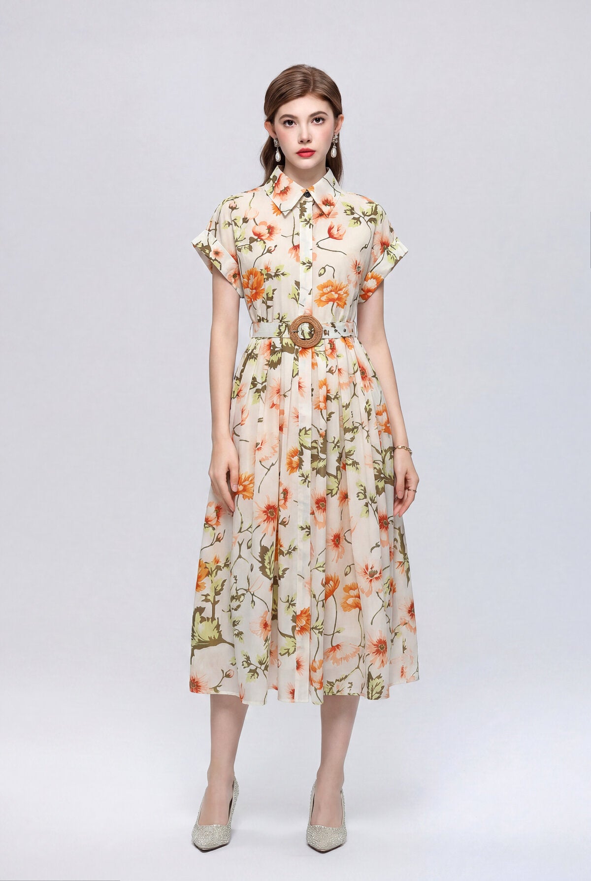 Ivory Poppy Botanical Belted Shirt Midi Dress