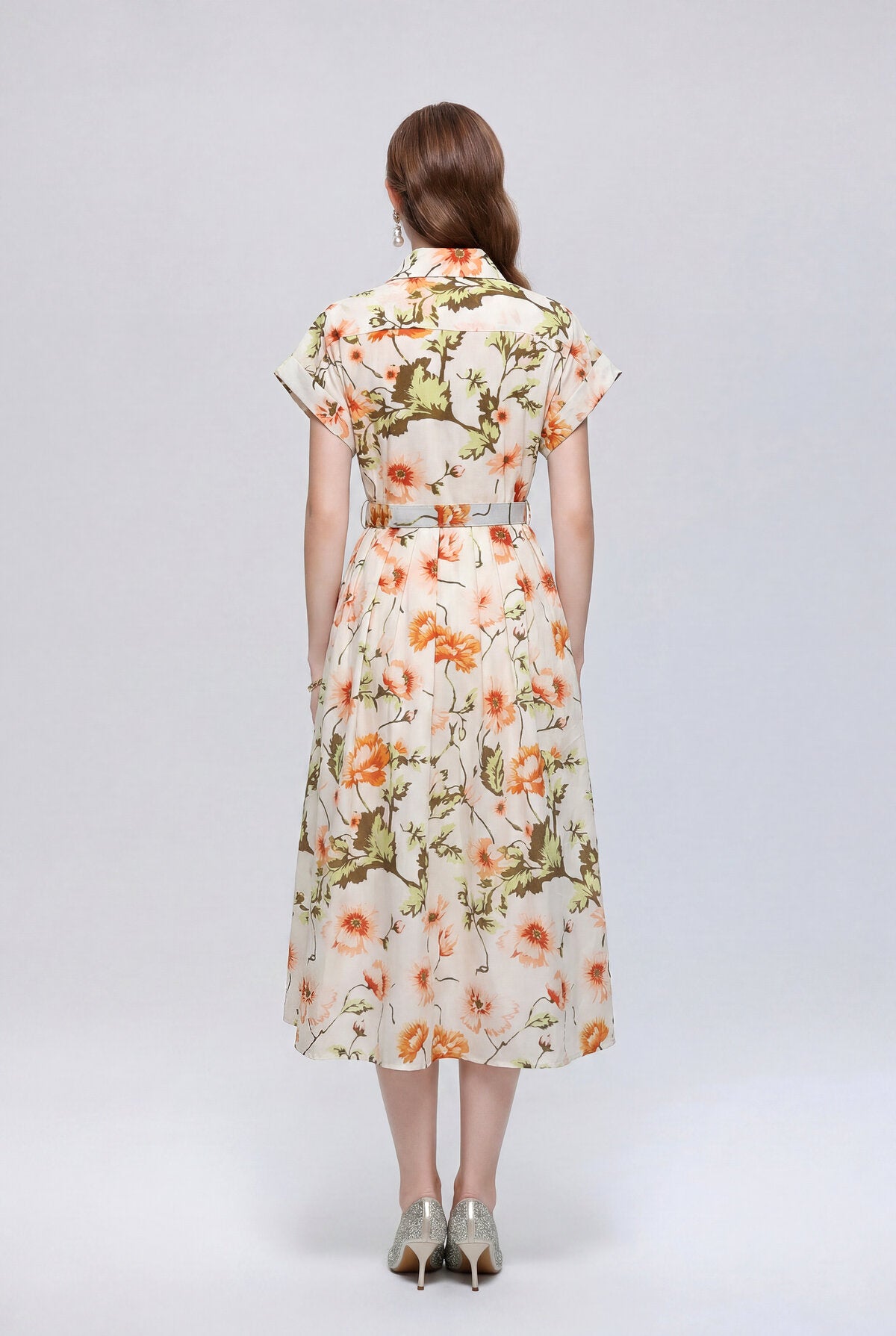 Ivory Poppy Botanical Belted Shirt Midi Dress