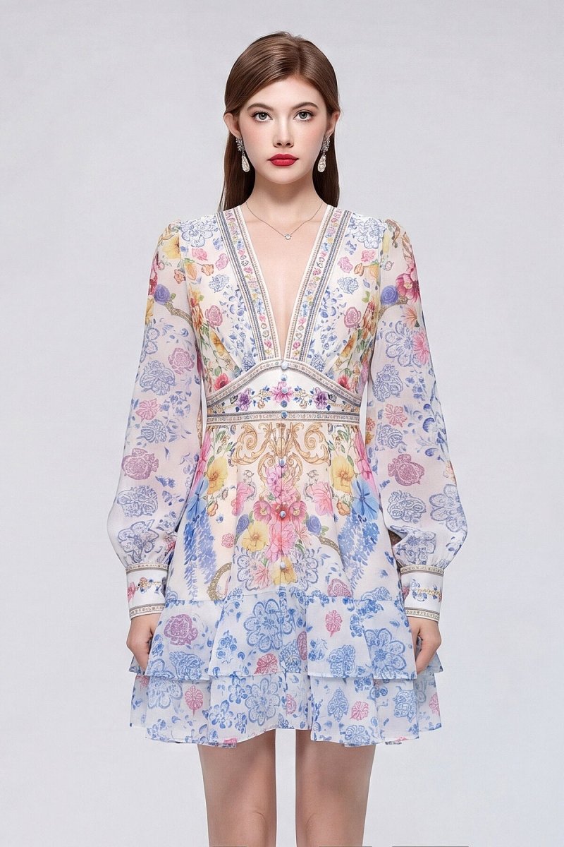 Ivory Porcelain Floral Baroque Mini Dress