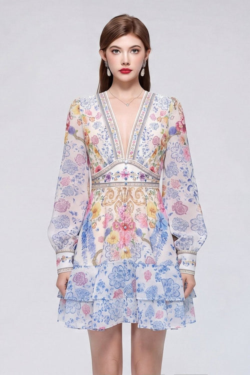 Ivory Porcelain Floral Baroque Mini Dress