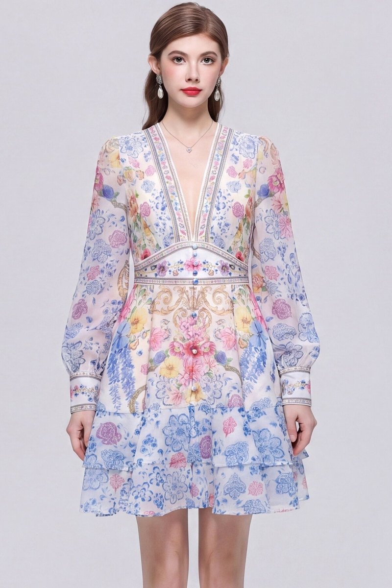 Ivory Porcelain Floral Baroque Mini Dress