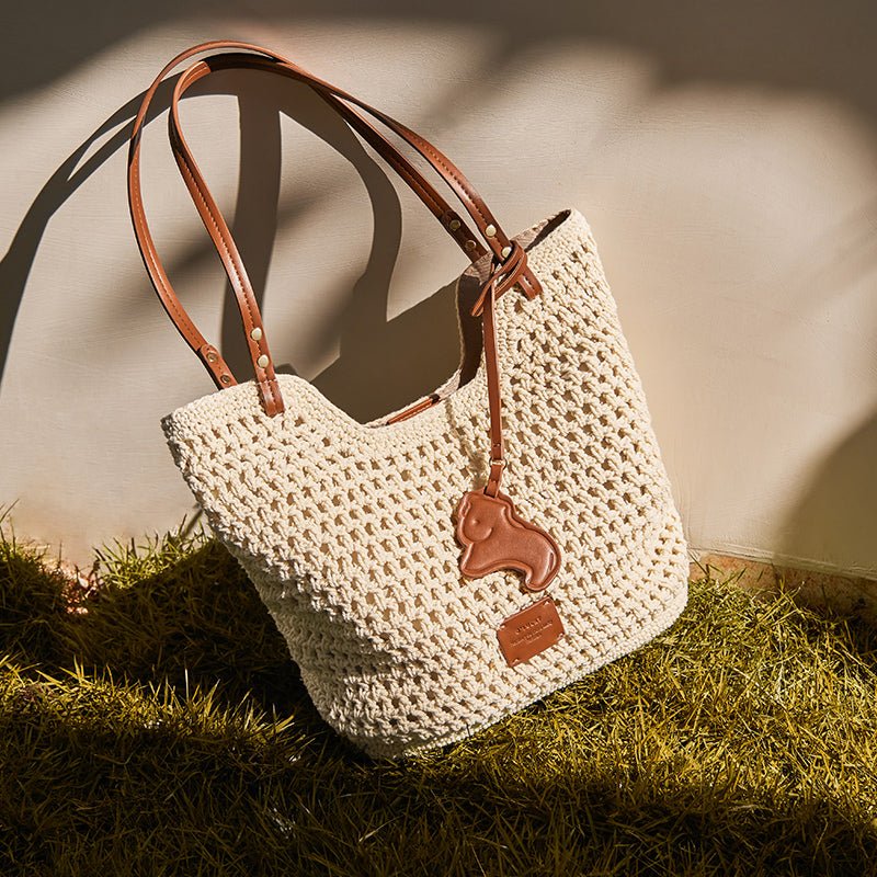 Ivory Sand Crochet Knit Tote Shoulder Bag