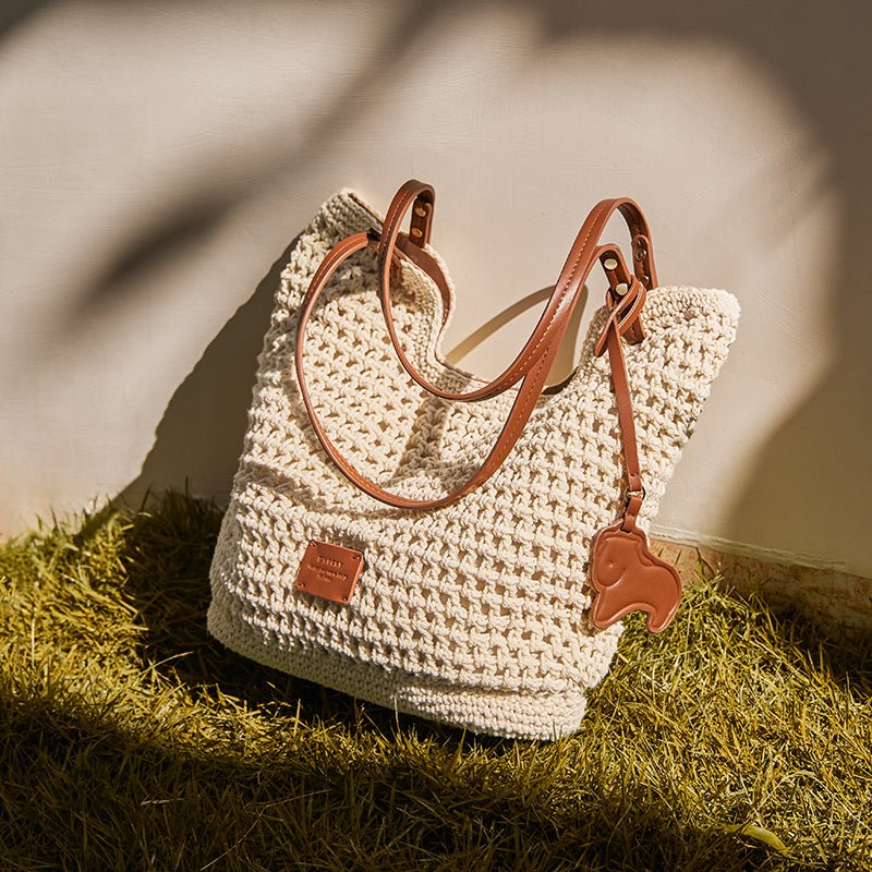 Ivory Sand Crochet Knit Tote Shoulder Bag