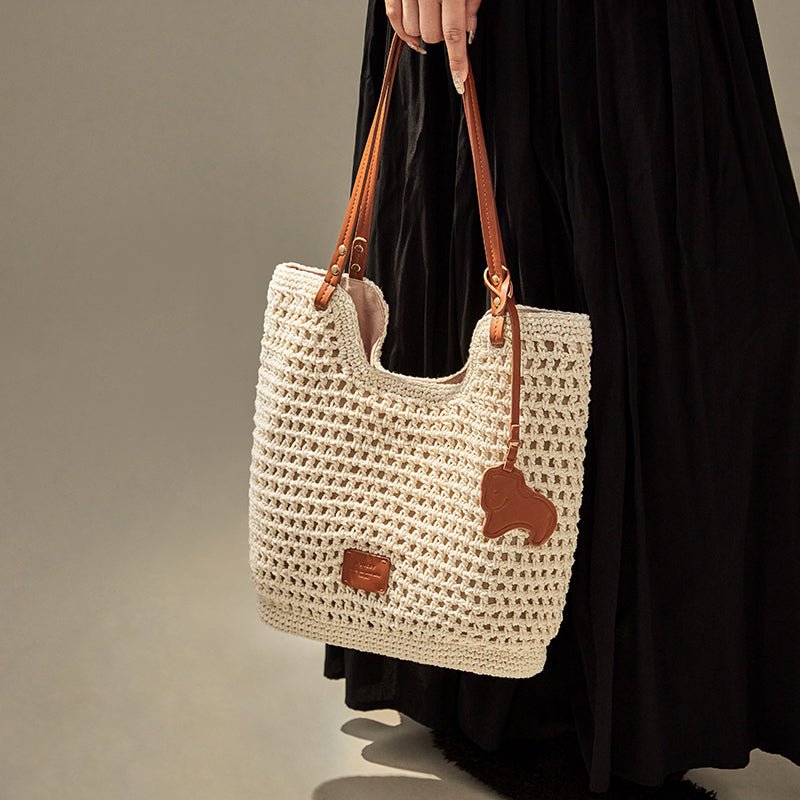 Ivory Sand Crochet Knit Tote Shoulder Bag