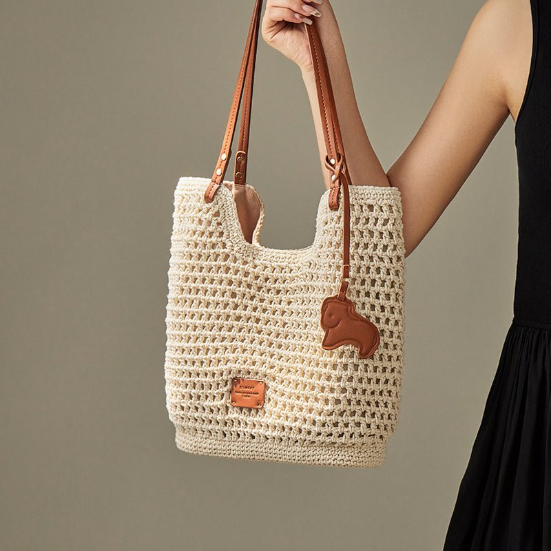 Ivory Sand Crochet Knit Tote Shoulder Bag