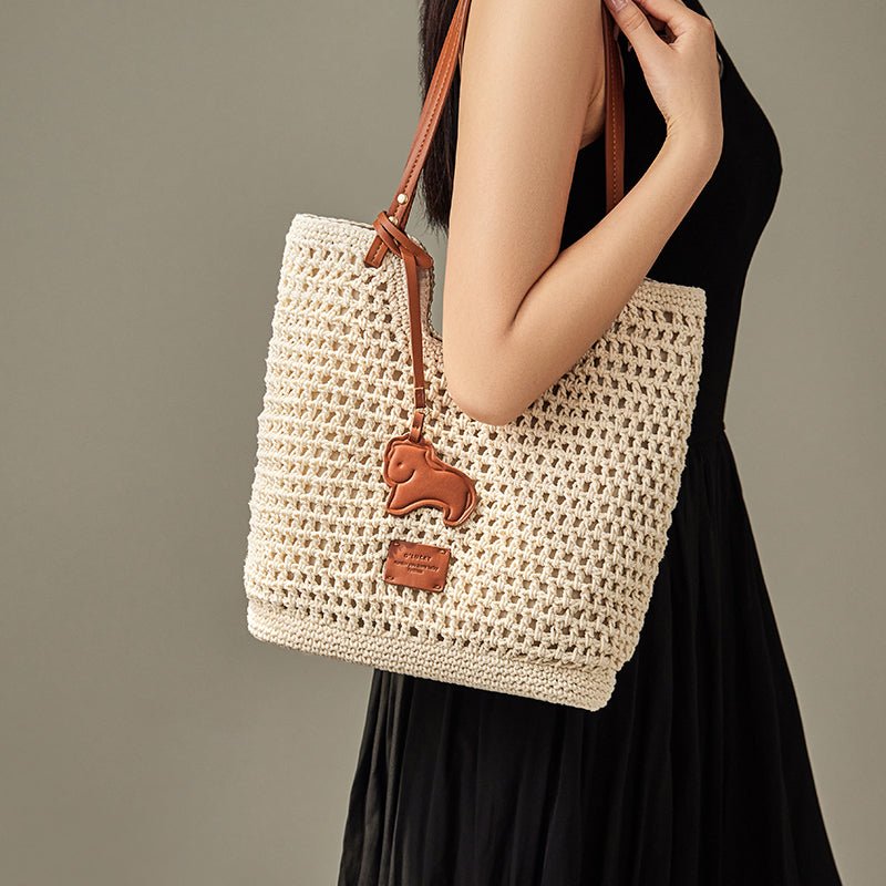 Ivory Sand Crochet Knit Tote Shoulder Bag