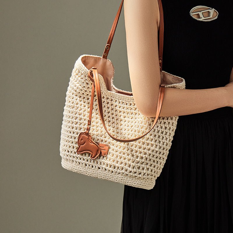Ivory Sand Crochet Knit Tote Shoulder Bag
