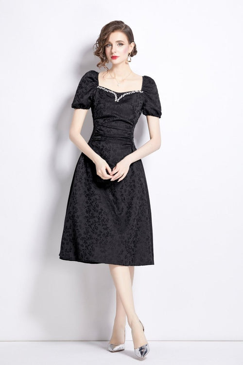 Jacquard Hand Beaded Square Neck Puff Sleeve Midi Dress - 0cm