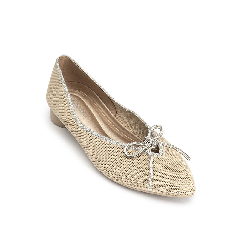 kelly pointed toe rhinestone bow low heel flats all beige 2