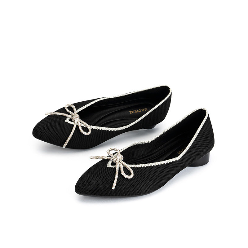 kelly pointed toe rhinestone bow low heel flats all black 2