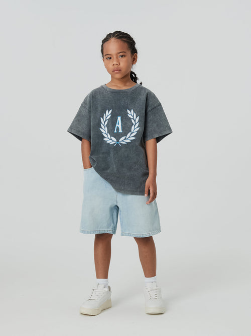 Kids APLUS DMINUS Campus Laurel Wreath Heavyweight Washed T-Shirt – 100% Cotton Boxy Fit Collegiate Crest Tee