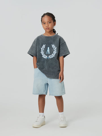 Kids APLUS DMINUS Campus Laurel Wreath Heavyweight Washed T-Shirt – 100% Cotton Boxy Fit Collegiate Crest Tee