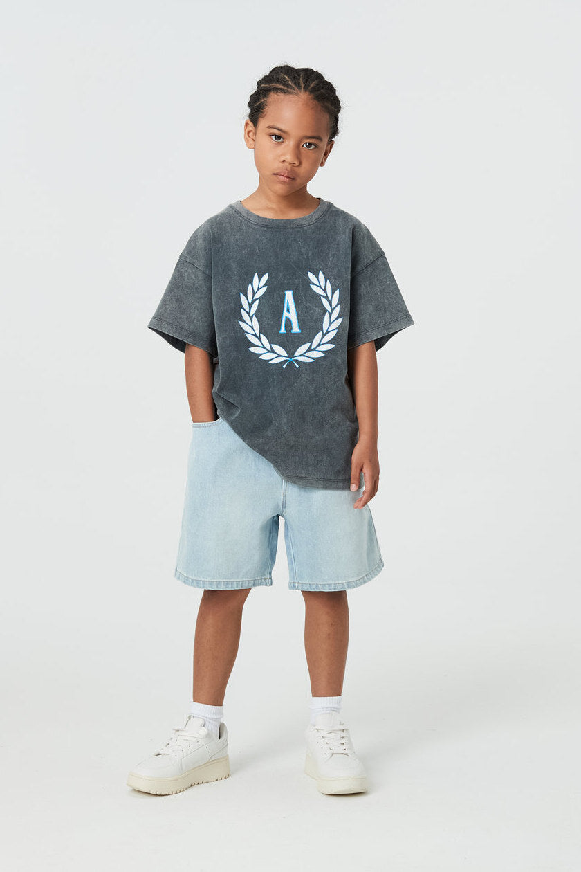 Kids APLUS DMINUS Campus Laurel Wreath Heavyweight Washed T-Shirt – 100% Cotton Boxy Fit Collegiate Crest Tee