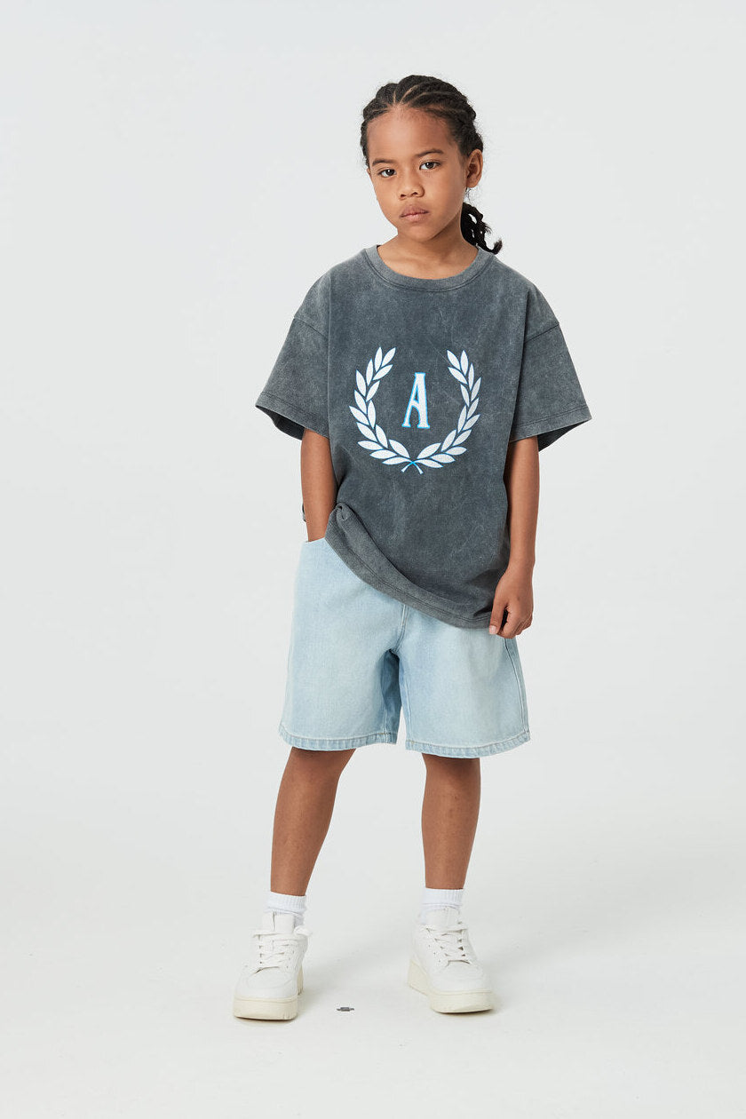 Kids APLUS DMINUS Campus Laurel Wreath Heavyweight Washed T-Shirt – 100% Cotton Boxy Fit Collegiate Crest Tee