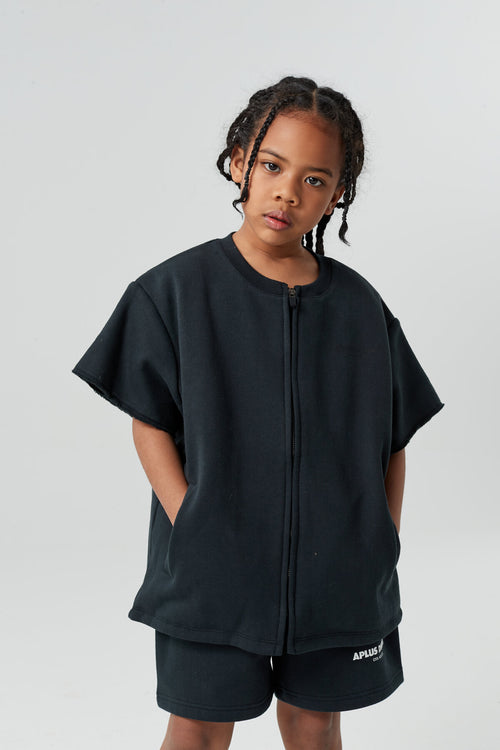 Kids APLUS DMINUS Double-Layer Zip-Up Short Sleeve Jacket – Boxy Structured Layering Outerwear