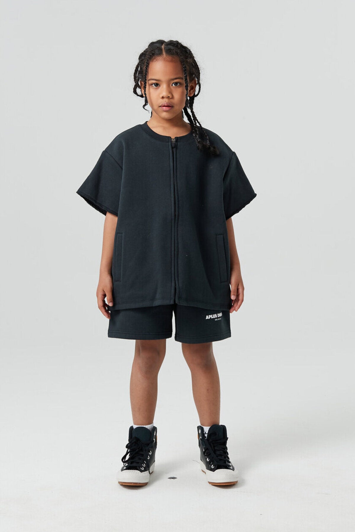 Kids APLUS DMINUS Double-Layer Zip-Up Short Sleeve Jacket – Boxy Structured Layering Outerwear
