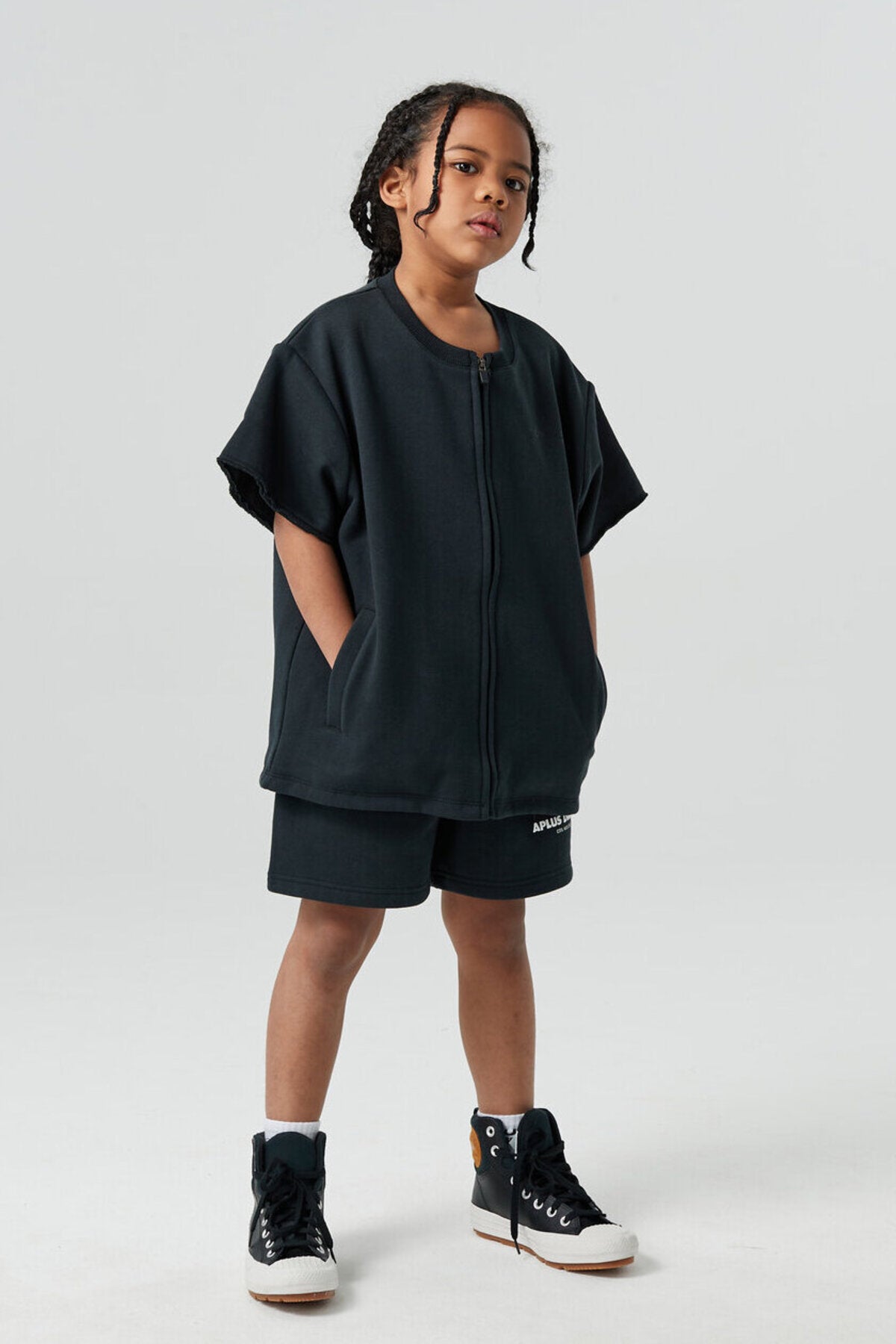 Kids APLUS DMINUS Double-Layer Zip-Up Short Sleeve Jacket – Boxy Structured Layering Outerwear