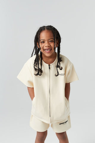 Kids APLUS DMINUS Double-Layer Zip-Up Short Sleeve Jacket – Boxy Structured Layering Outerwear