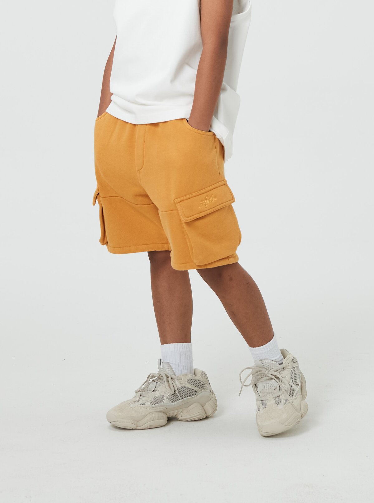 Kids APLUS DMINUS Loopback Terry Washed Cargo Shorts – 100% Cotton Heavyweight Workwear Shorts