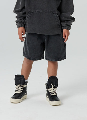 Kids APLUS DMINUS Script Embroidered Washed Denim Shorts – Relaxed Straight-Leg Pull-On Jean Shorts