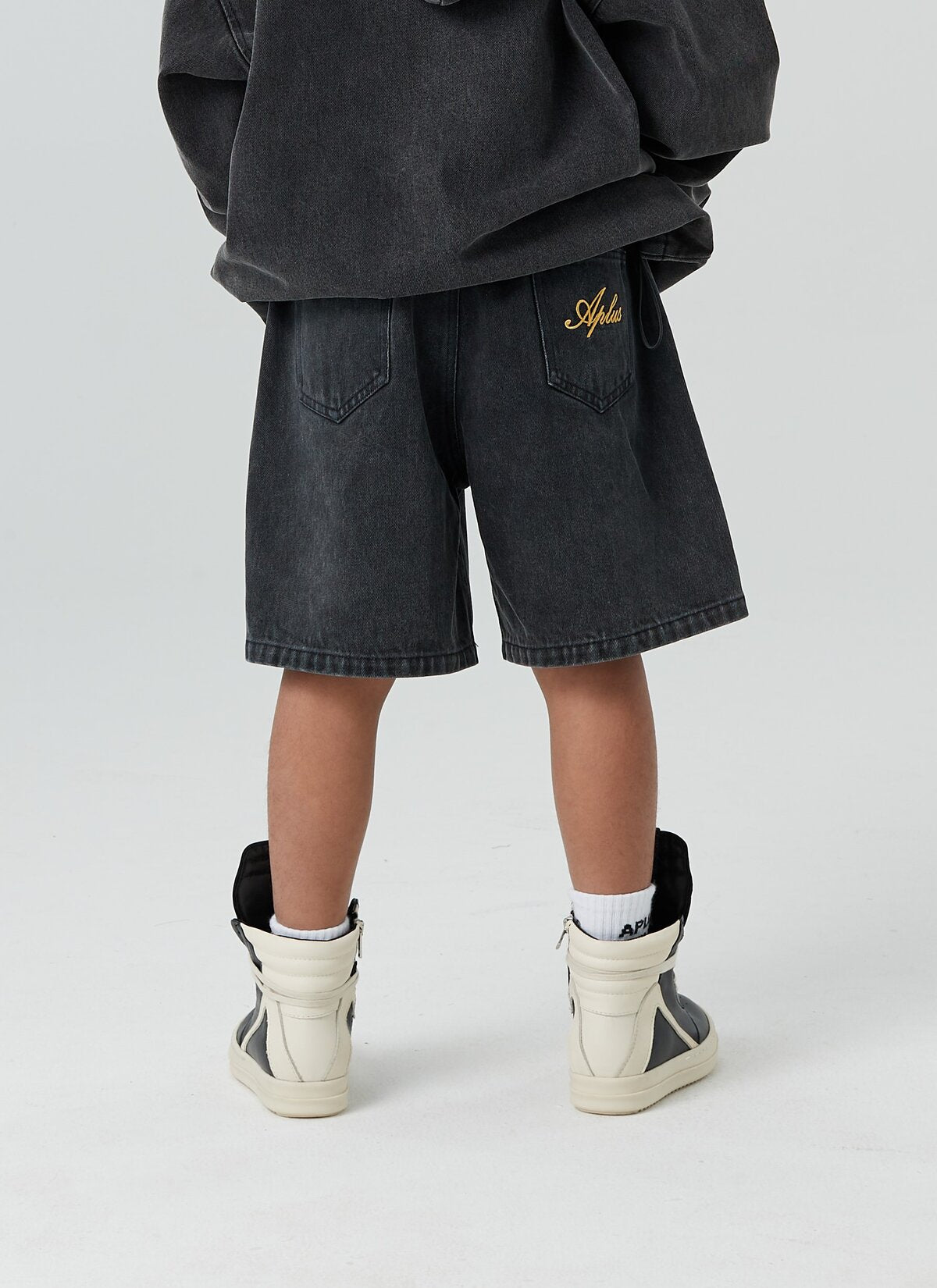 Kids APLUS DMINUS Script Embroidered Washed Denim Shorts – Relaxed Straight-Leg Pull-On Jean Shorts