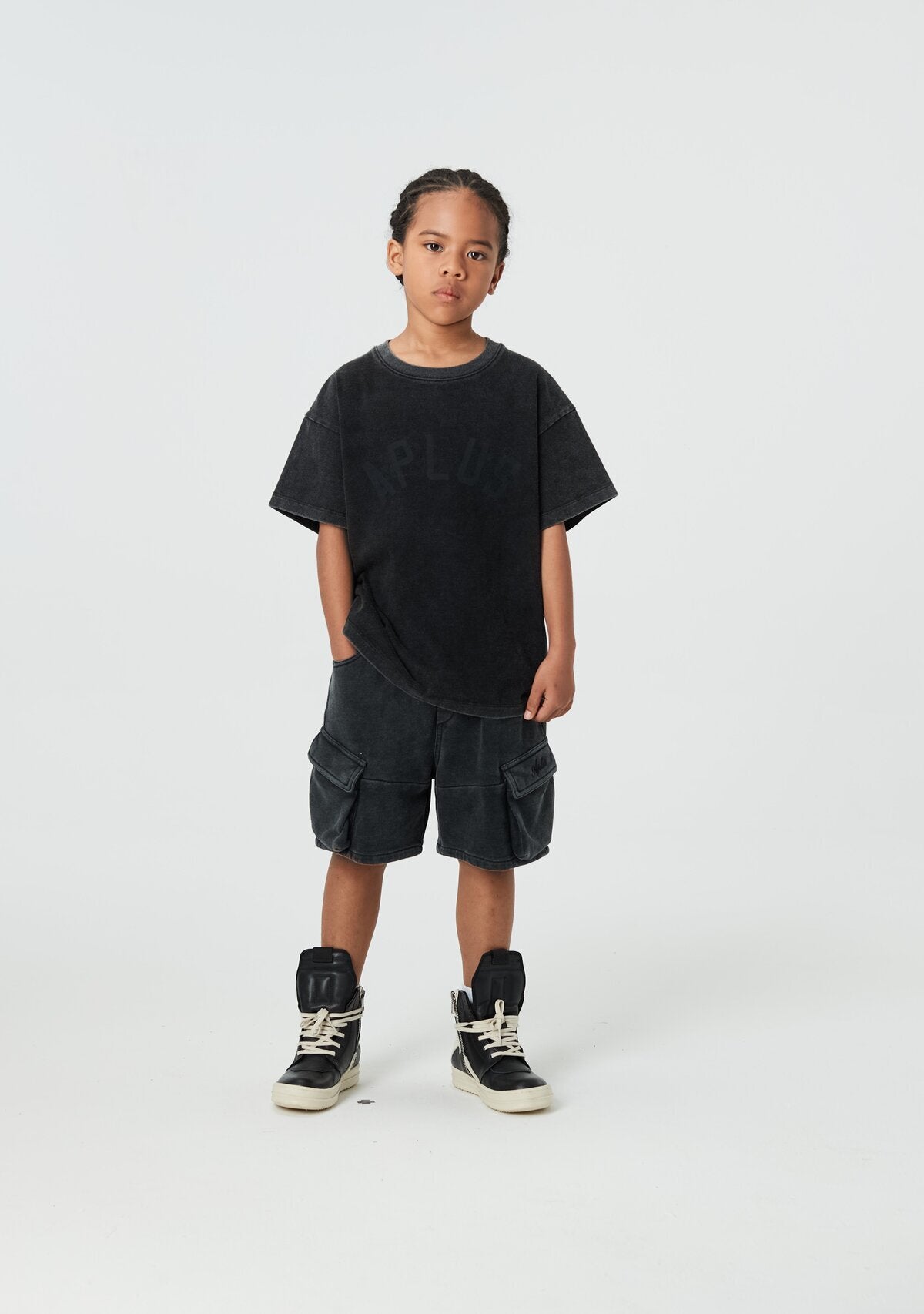 Kids APLUS DMINUS Tonal Arch Logo Heavyweight Washed T-Shirt – 100% Cotton Boxy Fit Tee